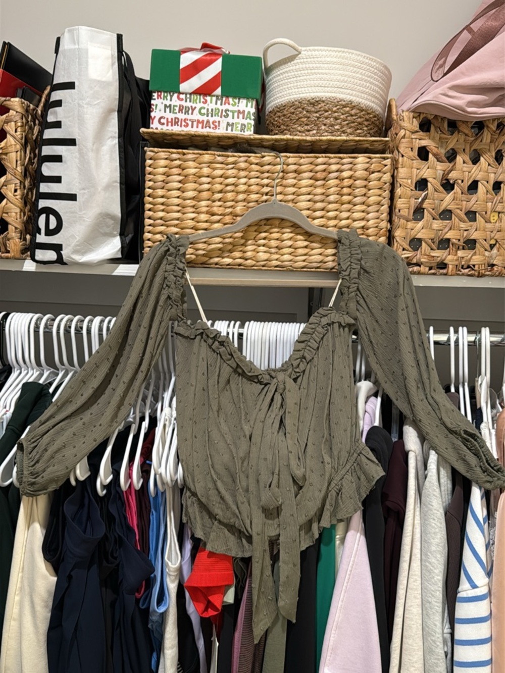 Mustard Seed - Olive Green Off the Shoulder Blouse with Tie Front